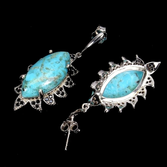 Natural Turquoise 12x10mm & Black Spinel 925 Sterling Silver Earrings - Picture 4 of 7